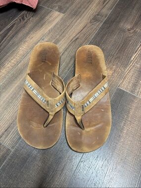 Reef Brown Leather Flip Flops with Plaid Trim